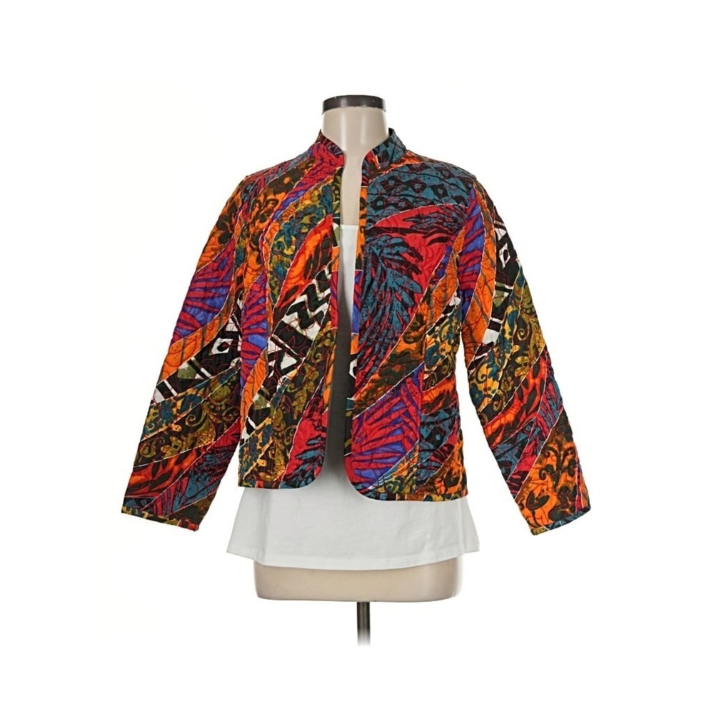 Chicos Size 1 US Medium Open Front Quilted Jacket Colorful Abstract Patchwork